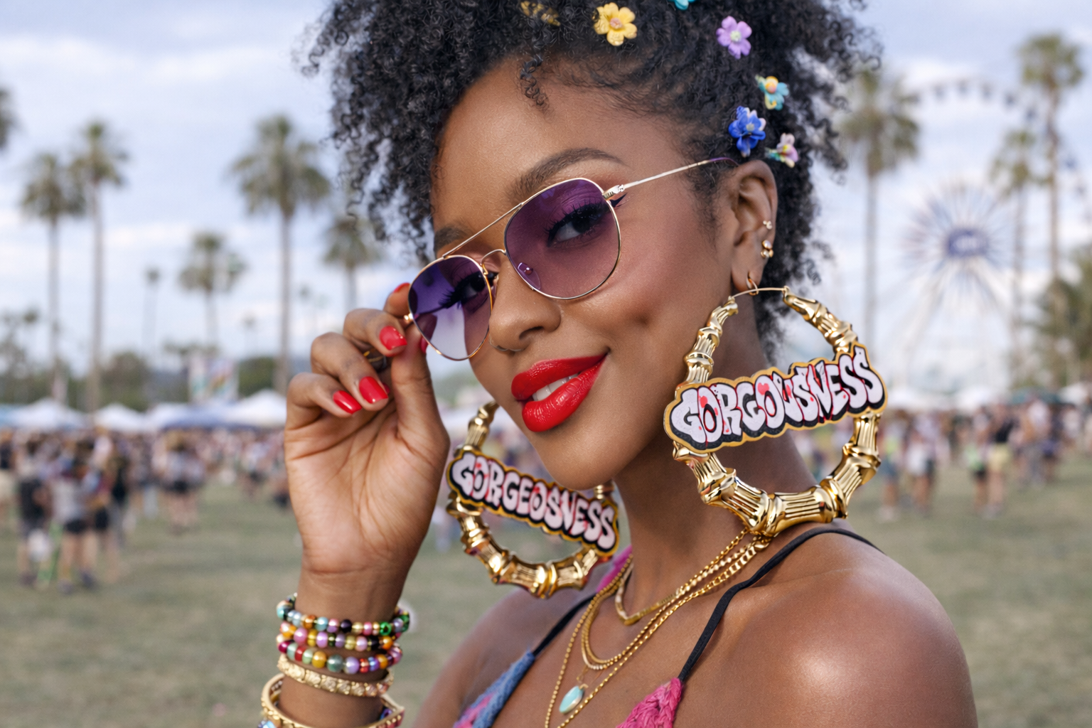 Gorgeousness Bamboo Hoop Earrings – Graffiti Statement Name Hoops – Gold Bamboo Festival Earrings – Trendy Custom Hip Hop Jewelry