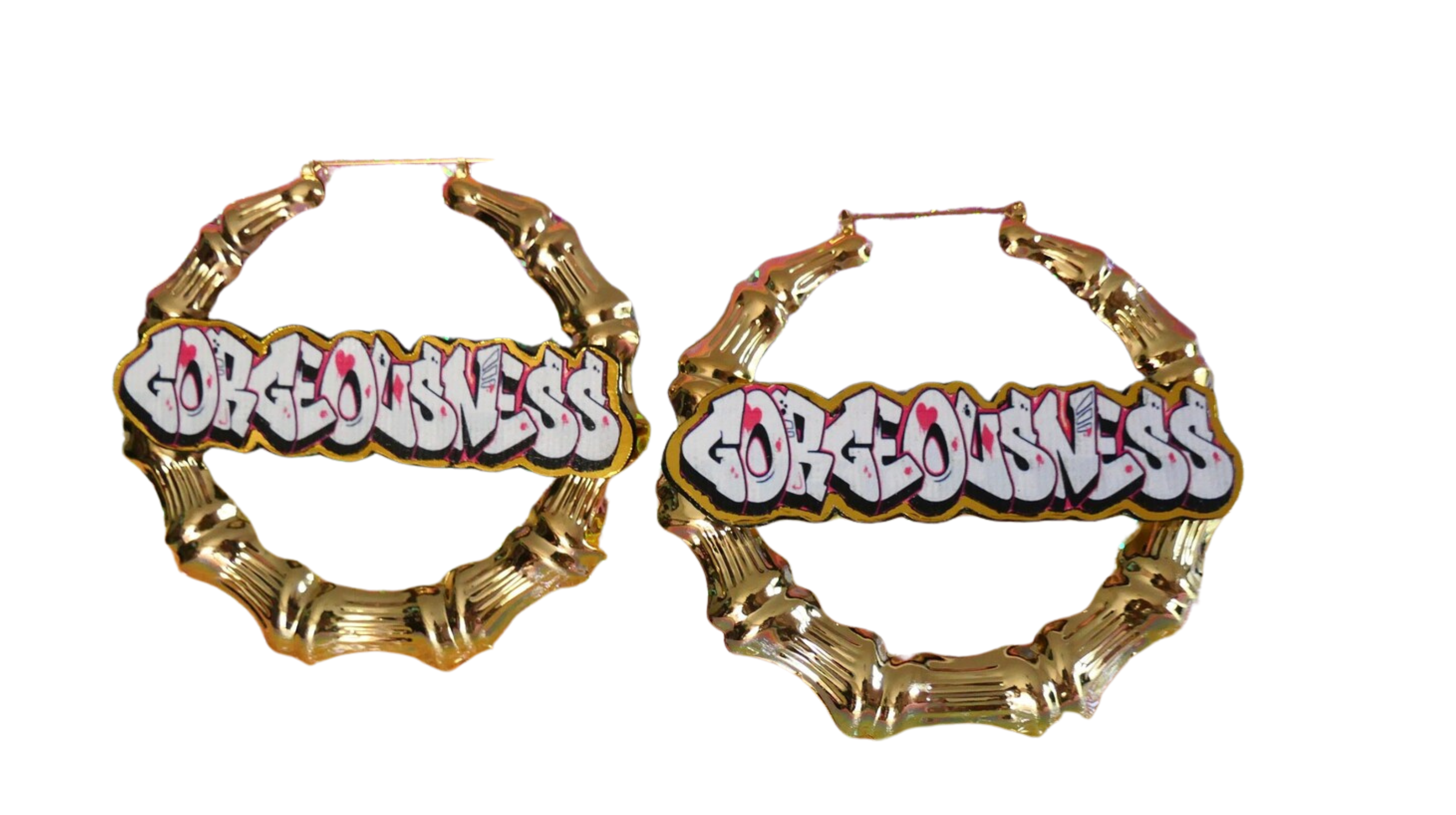 Gorgeousness Bamboo Hoop Earrings – Graffiti Statement Name Hoops – Gold Bamboo Festival Earrings – Trendy Custom Hip Hop Jewelry