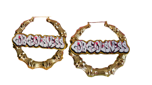 Gorgeousness Bamboo Hoop Earrings – Graffiti Statement Name Hoops – Gold Bamboo Festival Earrings – Trendy Custom Hip Hop Jewelry