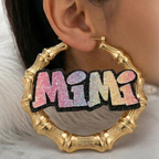 Personalized Bamboo Hoop Earrings & Name Necklace Set – Custom Glitter Name Jewelry