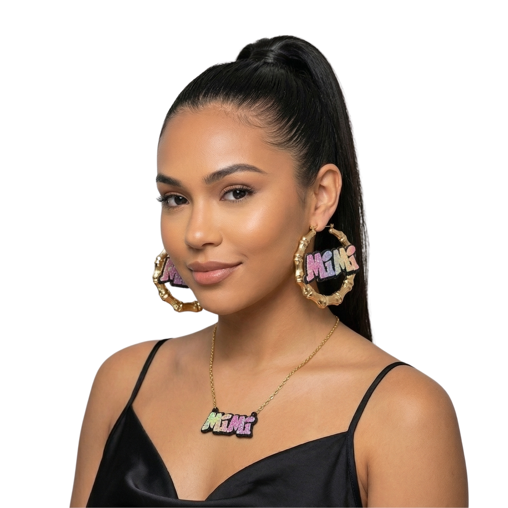 Personalized Bamboo Hoop Earrings & Name Necklace Set – Custom Glitter Name Jewelry